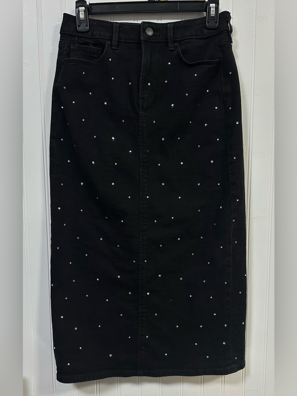Ann Taylor Petite 0P Black Denim Embellished Long Skirt *Rhinestones Missing*
